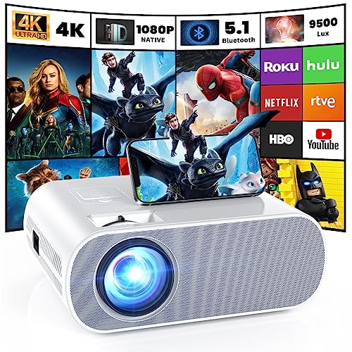 HOMPOW Projector, Native 1080P Full HD Bluetooth Projector with Speaker, Outdoor Portable Movie Mini Projector Compatible with Laptop, Smartphone, TV Stick, Xbox, PS5