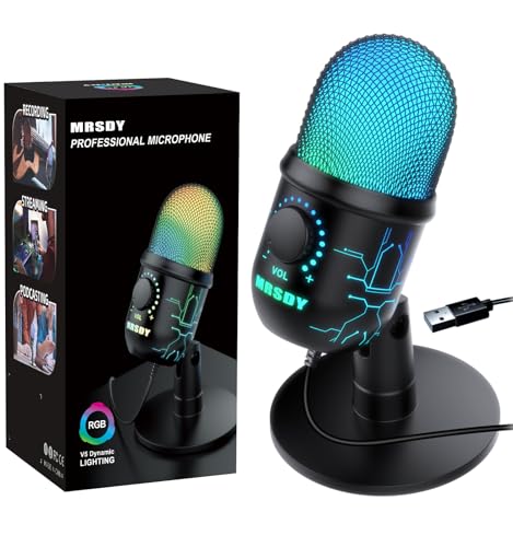 MRSDY Gaming Microphone, USB Computer Microphone for PC, Mac, PS4/5, Condenser Podcast Mic for Studio Recording, YouTube, Streaming, with Headphone Jack, Led Light, Mute, Gain, Noise Cancellation
