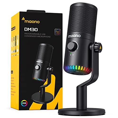 MAONO USB Gaming Microphone for PC, Programmable Condenser Mic with RGB Light, Mute, Gain, Monitoring, Volume Control for Streaming, Podcast, Twitch, YouTube, Discord, Computer, Mac, PS5, DM30 (Black)