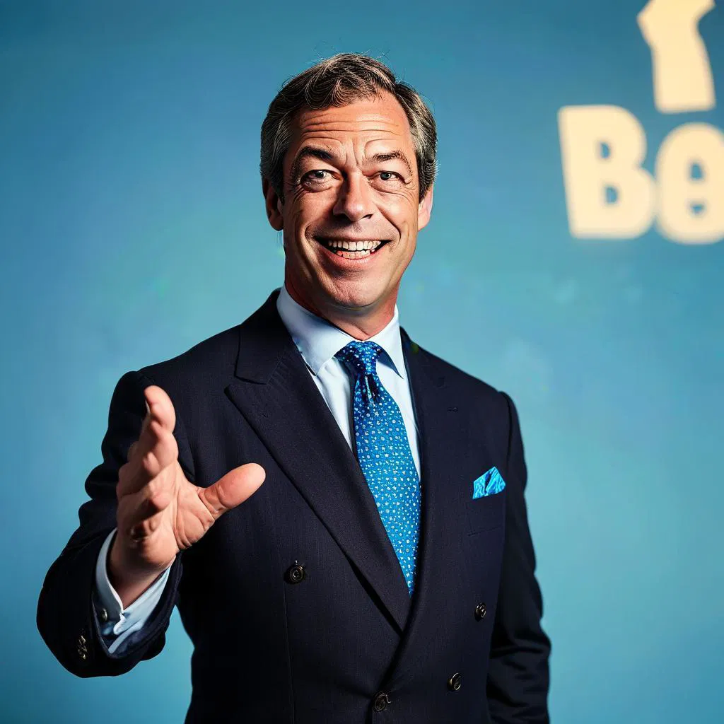 __Farage Responds to Reform Party Turmoil Amid Councillor Exodus on sky blue background smiling and welcoming___